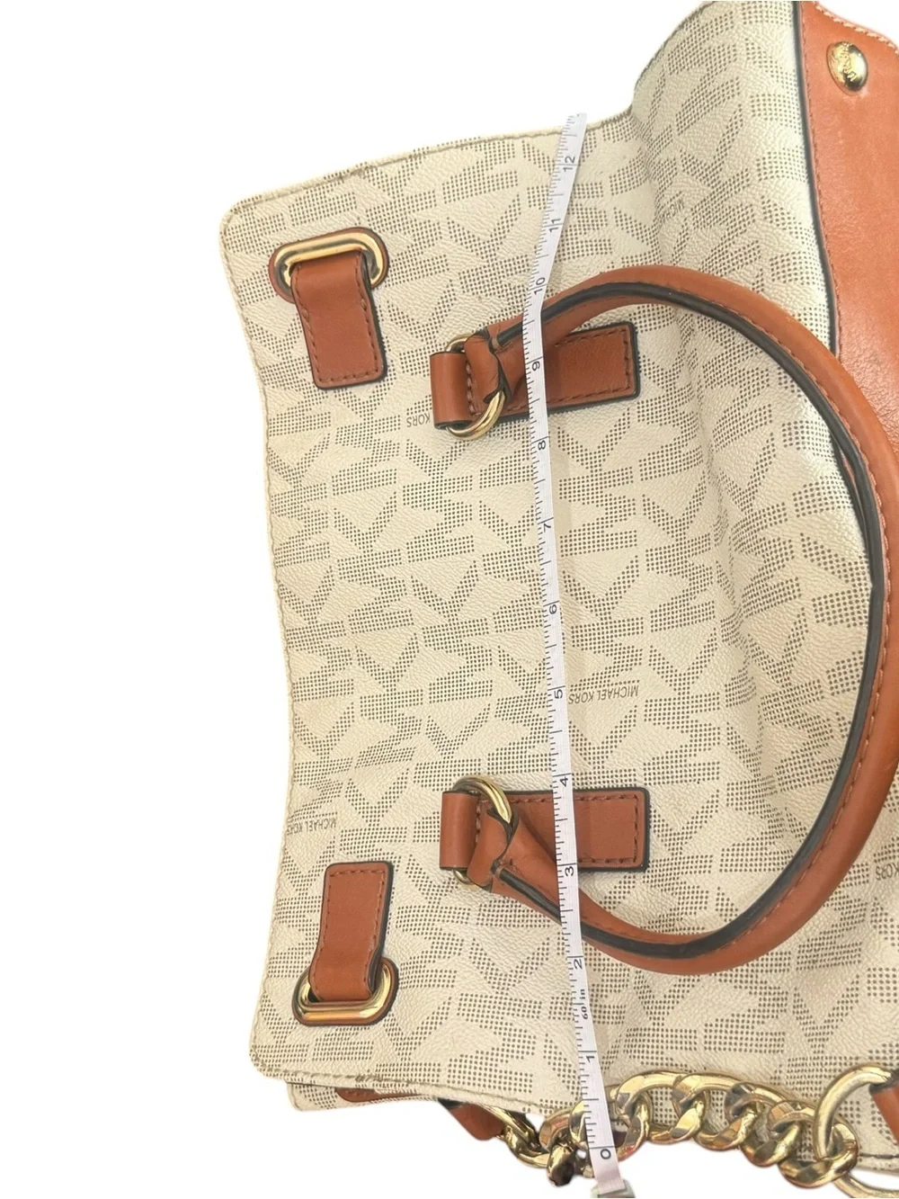 Michael Kors Beige MK Monogram Hamilton with Brown Trim and Gold Hardware